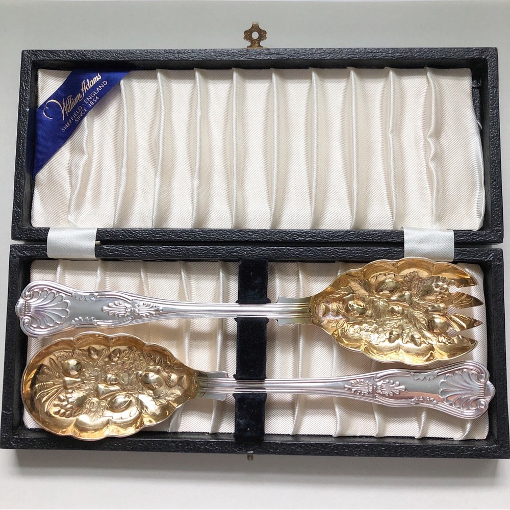 Semi Antique William Adams Gold Wash Silver Plate Fruit Salad Serving Set